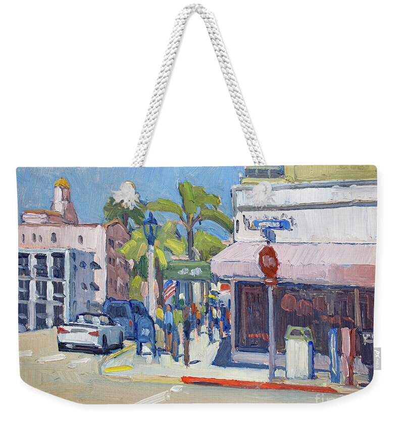 Downtown La Jolla Weekender Tote Bag featuring the painting Girard and Prospect - La Jolla, San Diego, California by Paul Strahm