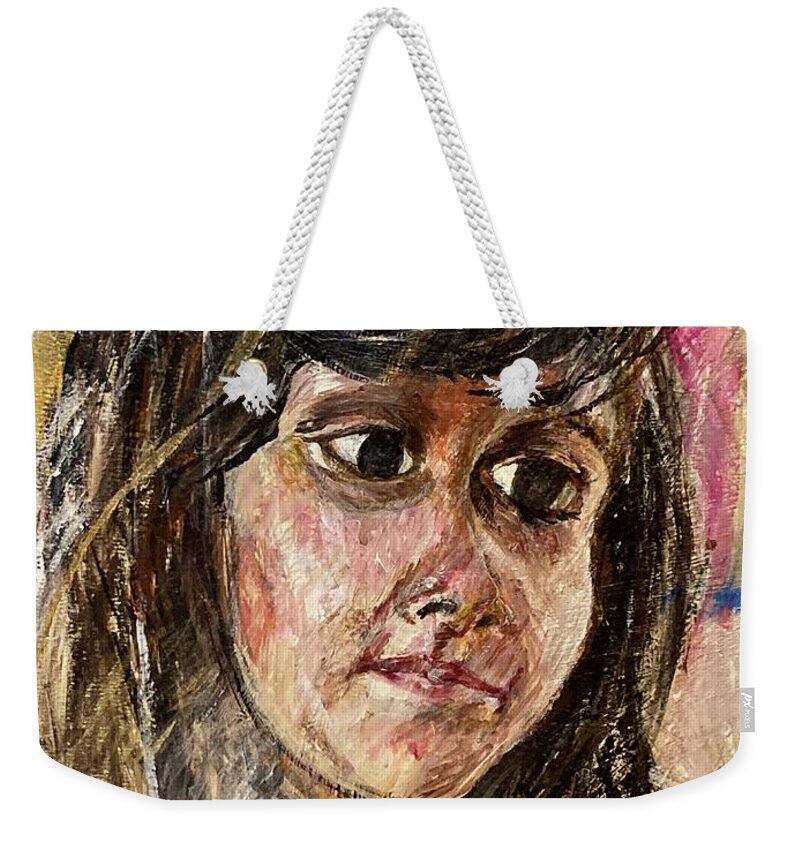 Portrait Of A Young Girl On Colorful Background. Part Of A Family Portraits Series. Weekender Tote Bag featuring the painting Girl by David Euler