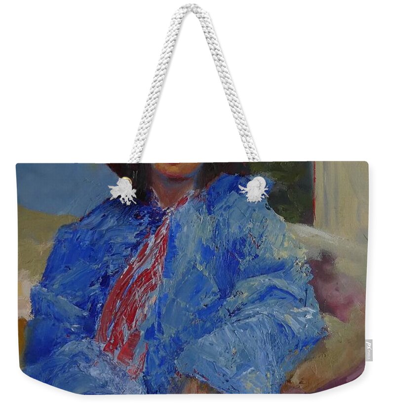 Girl Weekender Tote Bag featuring the painting Girl in Ex-boyriend's Coat by Irena Jablonski