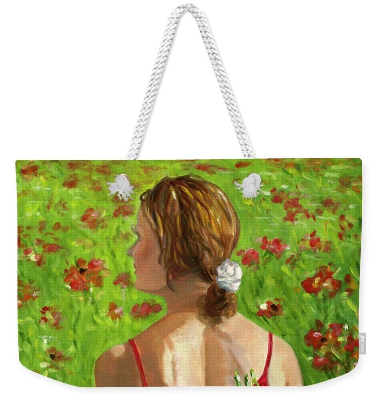 Woman Weekender Tote Bag featuring the painting Girl in Poppy Field by Juliette Becker