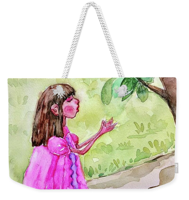 Bird Weekender Tote Bag featuring the painting Girl Singing with Bird by Mikyong Rodgers