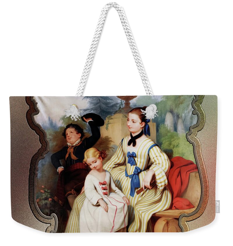 Girl Weekender Tote Bag featuring the painting Girl With A Fan And Two Children In Elegant Dress Remastered Retro Art Xzendor7 Reproductions by Rolando Burbon