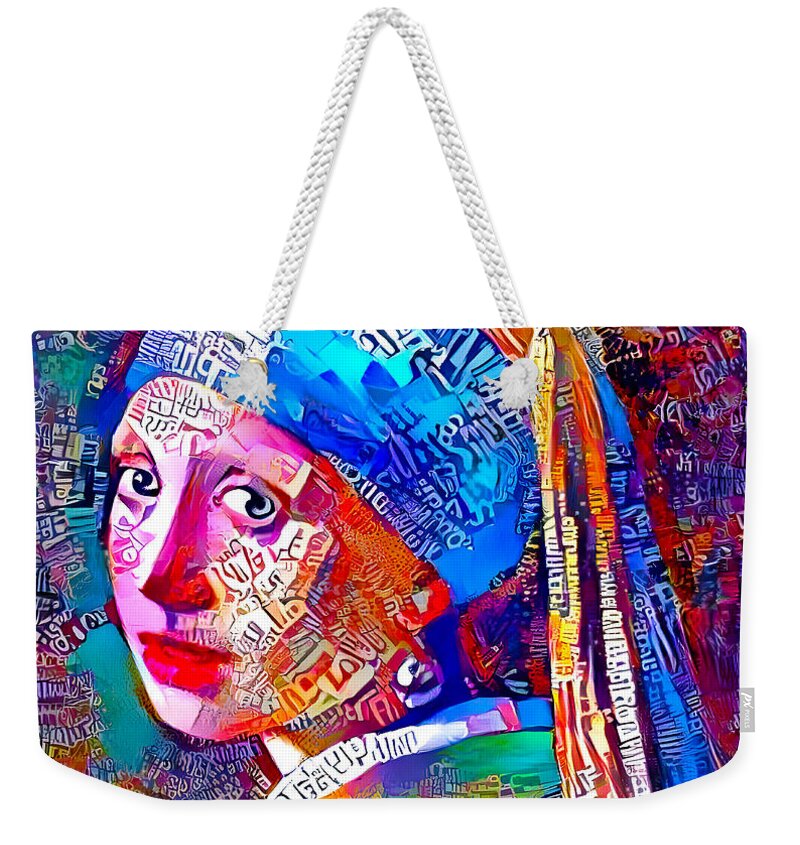 Girl With A Pearl Earring Weekender Tote Bag featuring the digital art Girl with a Pearl Earring by Johannes Vermeer - colorful close up by Nicko Prints