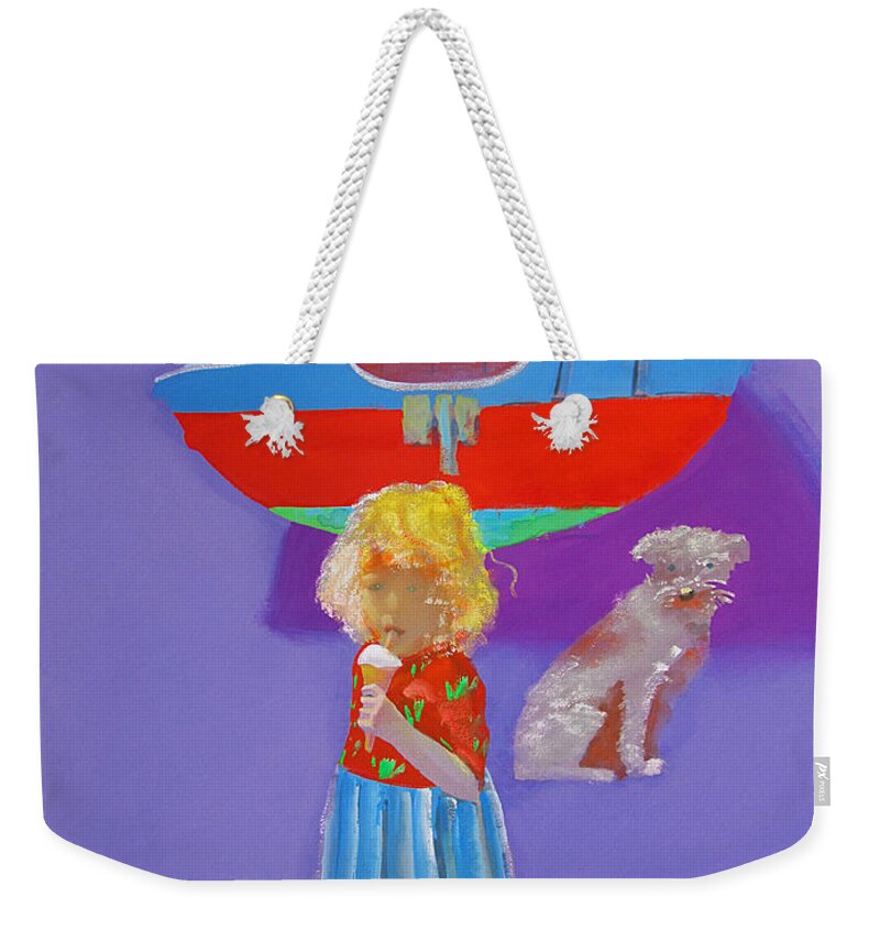 Girl Weekender Tote Bag featuring the painting Girl With Border Terrier And Ice Cream by Charles Stuart