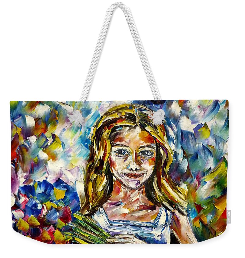 Young Girl Weekender Tote Bag featuring the painting Girl With Flowers by Mirek Kuzniar