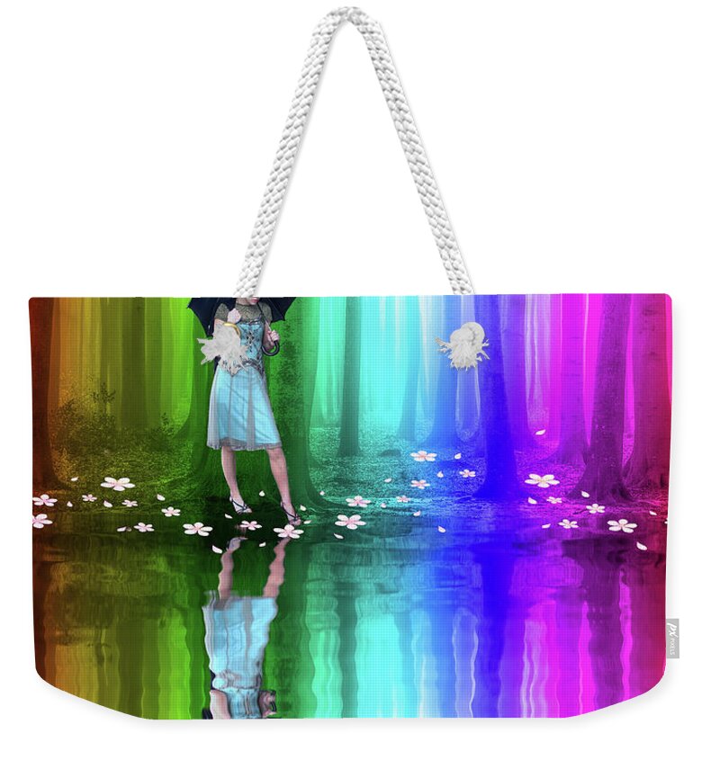 Colorful Weekender Tote Bag featuring the photograph Girl with Umbrella in a Rainbow Forest by Juli Scalzi
