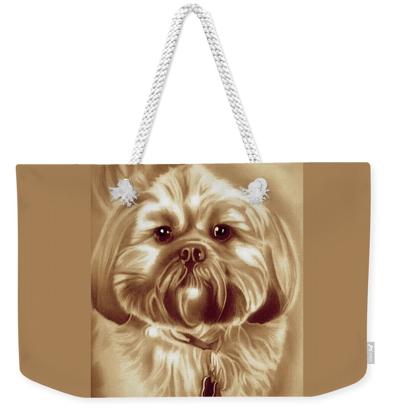 Shih Tzu Weekender Tote Bag featuring the drawing Gizmo - Shih Tzu - Sunset Edition by Fred Larucci