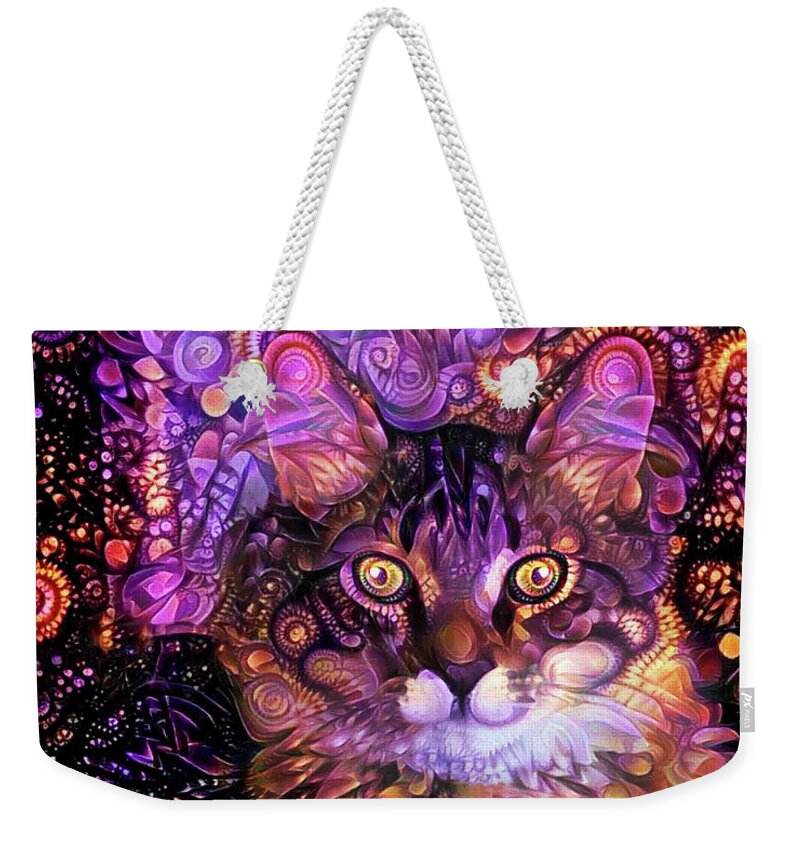 Maine Coon Cat Weekender Tote Bag featuring the digital art Gizmo the Psychedelic Maine Coon Cat by Peggy Collins