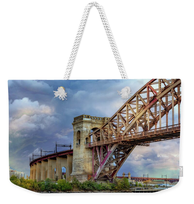 Astoria Park Weekender Tote Bag featuring the photograph Glorious Hell Gate Bridge by Cate Franklyn