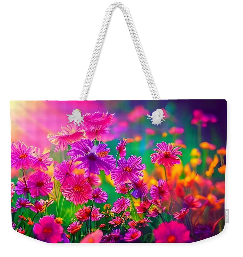 Digital Weekender Tote Bag featuring the digital art Glowing Pink Flowers by Beverly Read