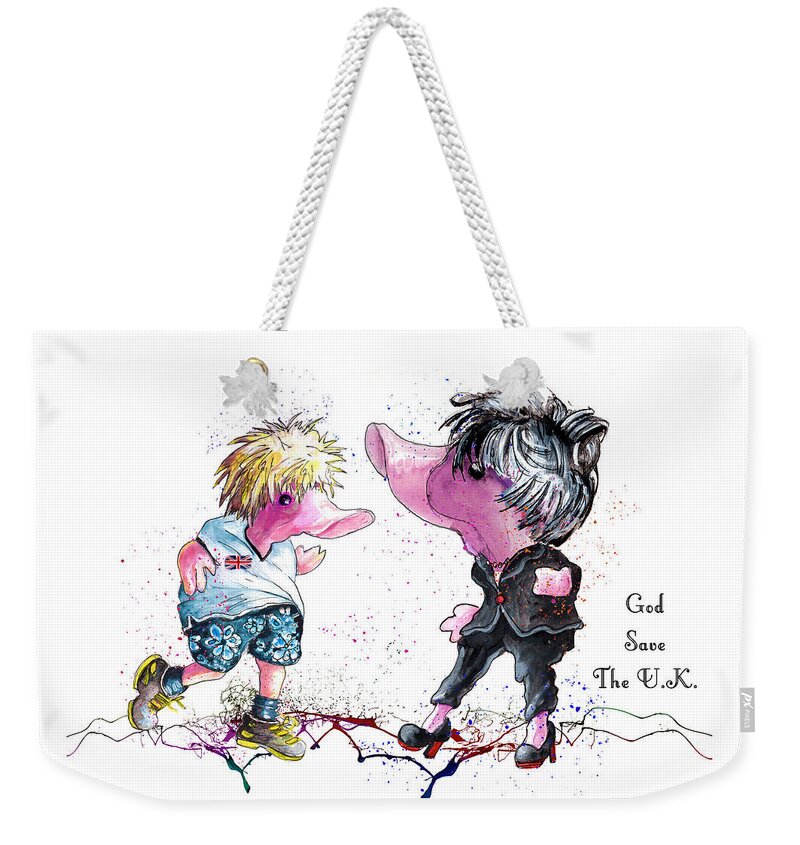 Duck Weekender Tote Bag featuring the painting God Save The UK by Miki De Goodaboom