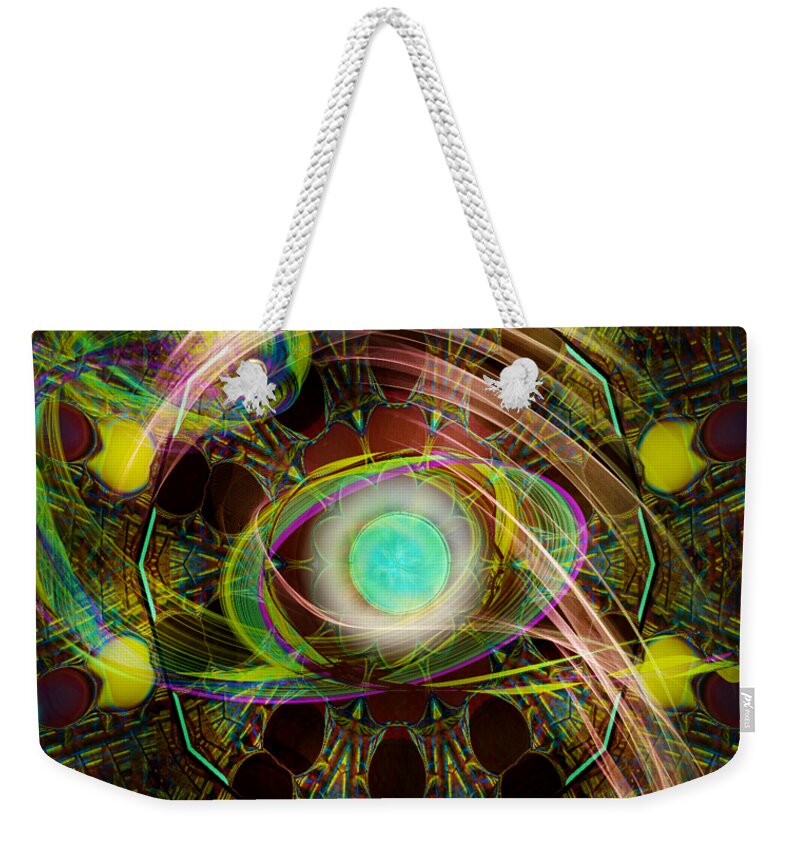 Green Weekender Tote Bag featuring the mixed media Goddess Eye by Anna Adams