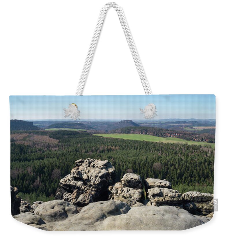 Saxon Switzerland Weekender Tote Bag featuring the photograph Gohrisch, mountain panorama in Saxon Switzerland by Adriana Mueller