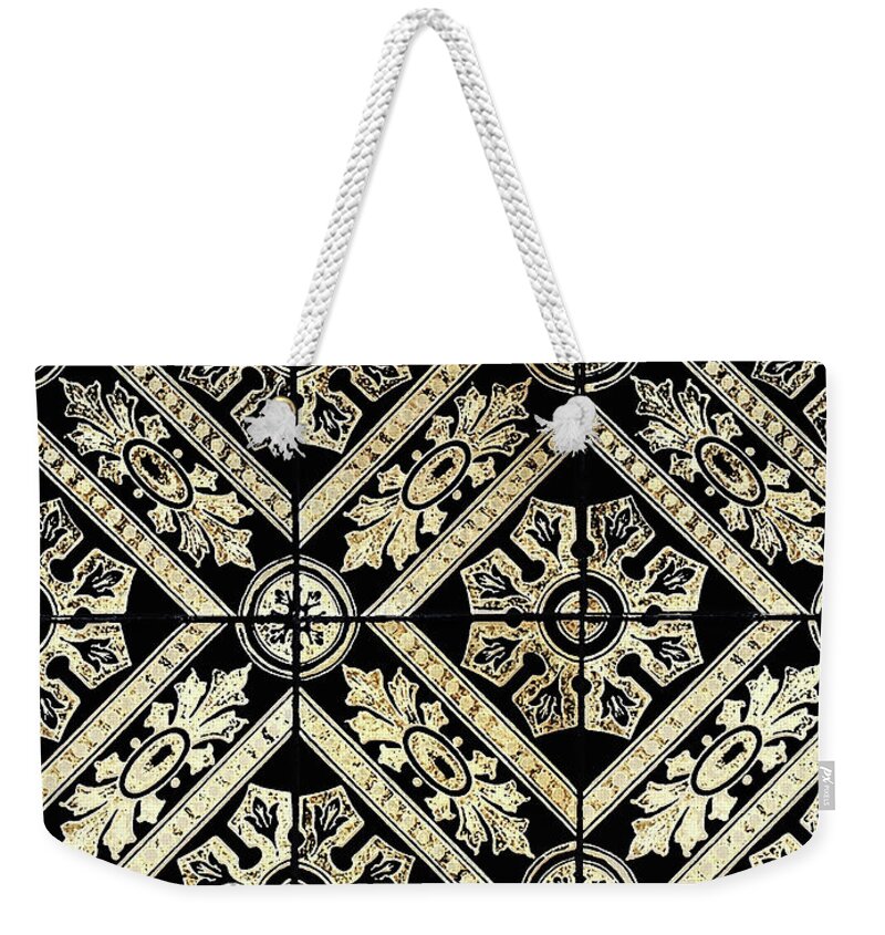 Gold Tiles Weekender Tote Bag featuring the digital art Gold On Black Tiles Mosaic Design Decorative Art I by Irina Sztukowski