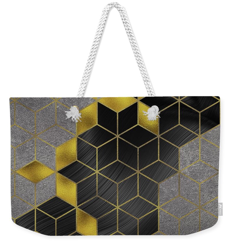 Abstract Weekender Tote Bag featuring the digital art Gold With The Flow Geometric Modern Marble by Sambel Pedes