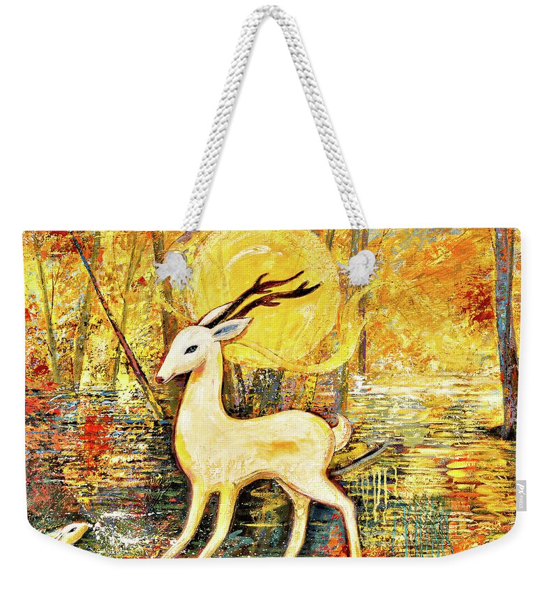 Deer Weekender Tote Bag featuring the painting Golden Autumn by Shijun Munns