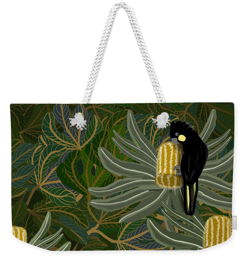 Australian Weekender Tote Bag featuring the digital art Golden Banksias Black Cockatoo by Donna Huntriss