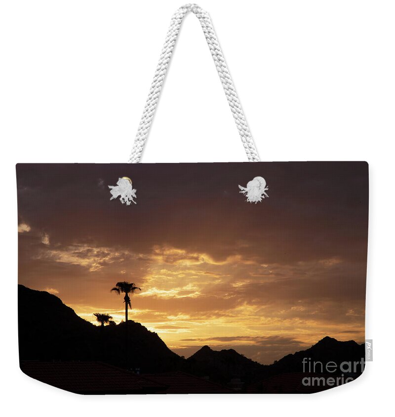 Sunset Weekender Tote Bag featuring the photograph Golden Desert Monsoon Sunrise by Elisabeth Lucas
