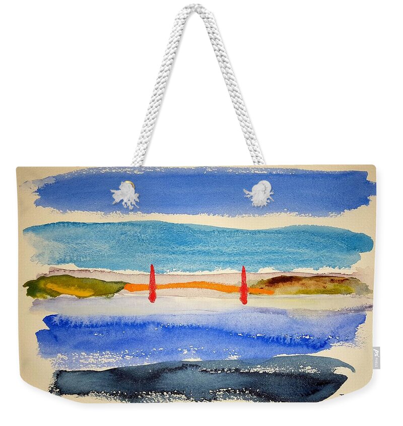 Watercolor Weekender Tote Bag featuring the painting Golden Gate Morning by John Klobucher