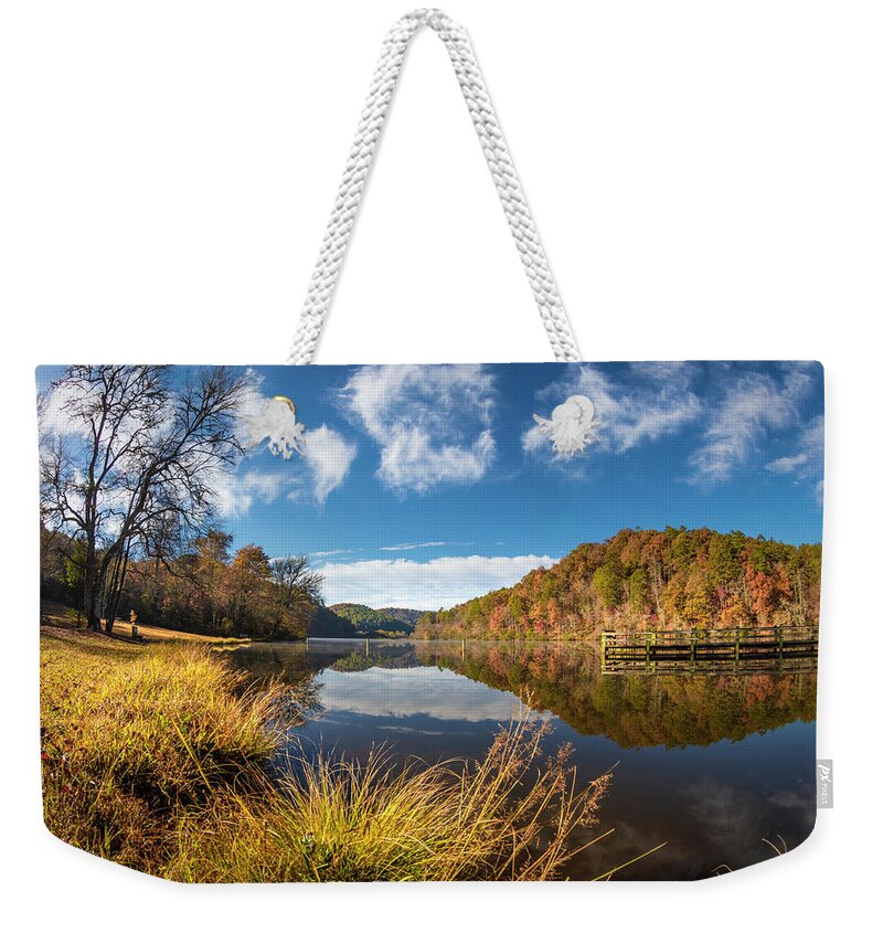 Carolina Weekender Tote Bag featuring the photograph Golden Grasses at the Docks by Debra and Dave Vanderlaan