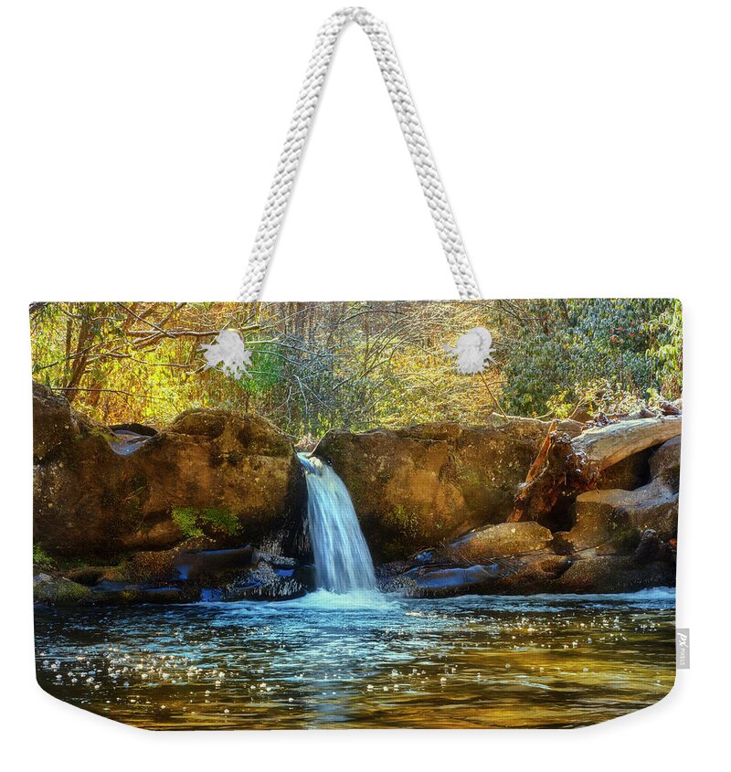 Cherohala Weekender Tote Bag featuring the photograph Golden Light at the Falls Landscape by Debra and Dave Vanderlaan