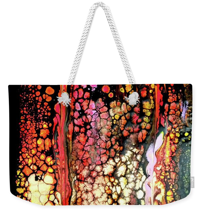 Gold Weekender Tote Bag featuring the painting Golden Raindrops by Anna Adams