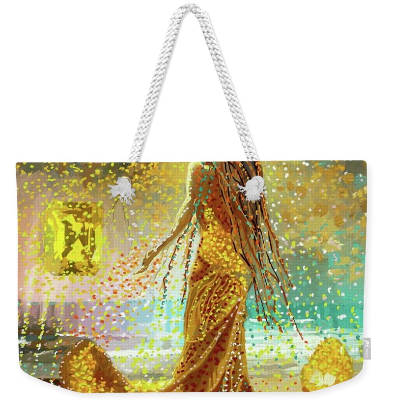Golden Weekender Tote Bag featuring the painting Golden Ratna Mermaid with Golden Jewels and Trident by Melissa Abbott