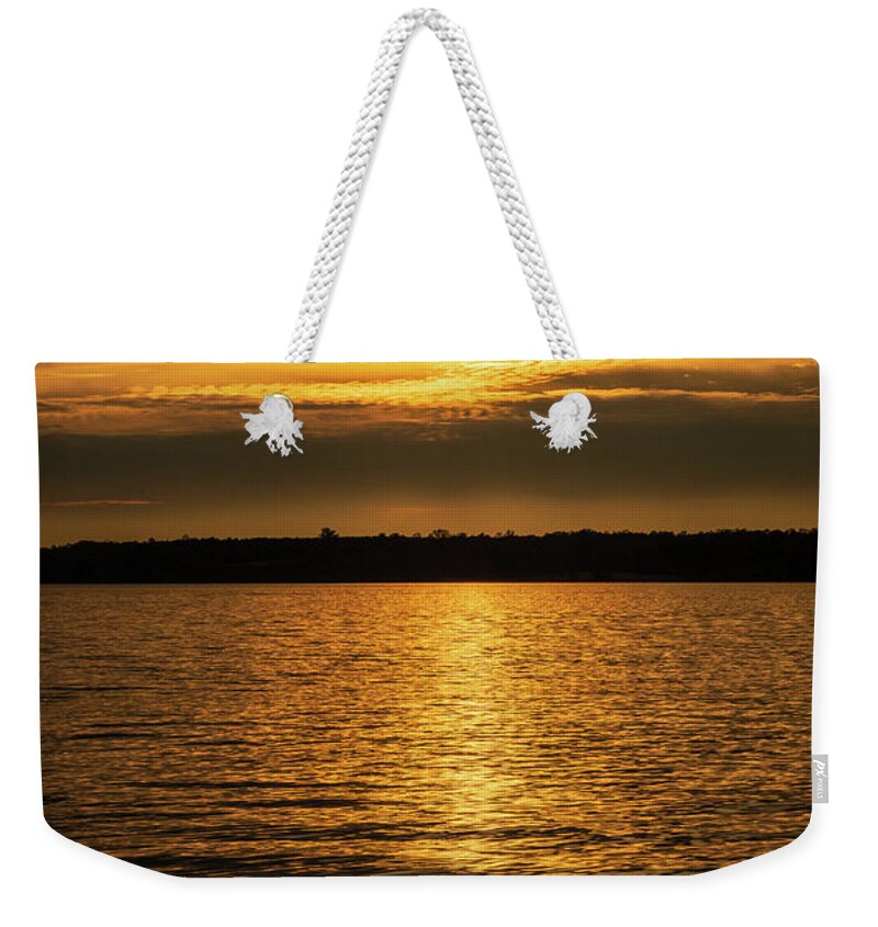 Sunset Weekender Tote Bag featuring the photograph Golden River by Lara Morrison