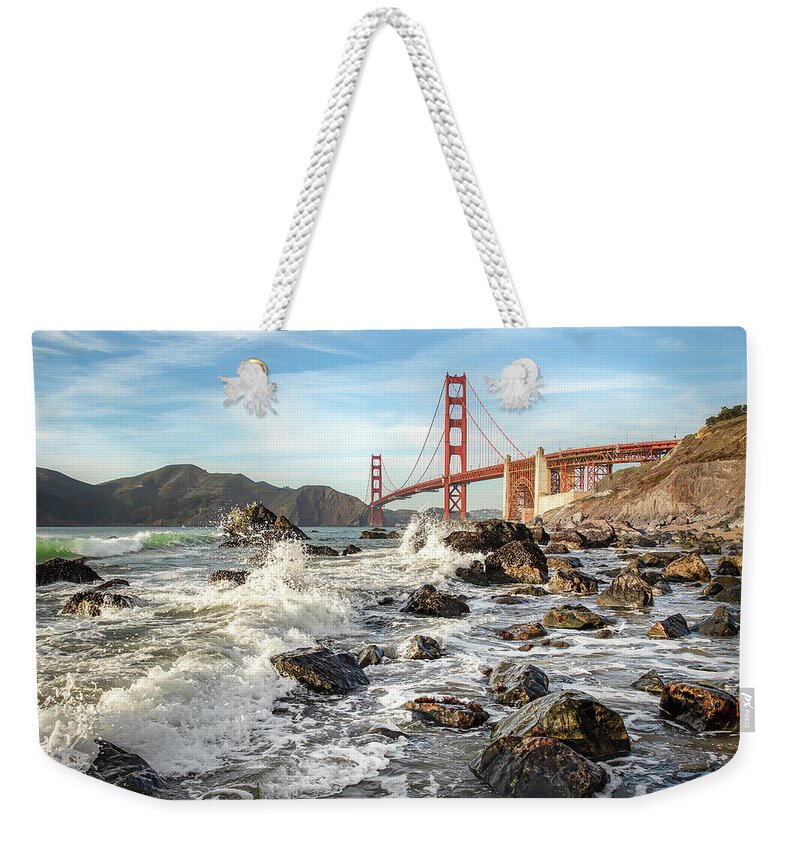 Golden Gate Bridge Weekender Tote Bag featuring the photograph Golden Splash by Gary Geddes