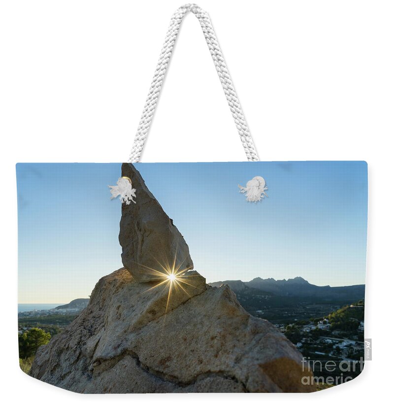 Mountain Landscape Weekender Tote Bag featuring the photograph Golden sunbeams, rocks and blue sky by Adriana Mueller