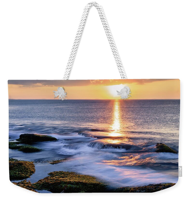 Golden Sunset Weekender Tote Bag featuring the photograph Golden Sunset, Halibut Pt. Rockport MA. by Michael Hubley