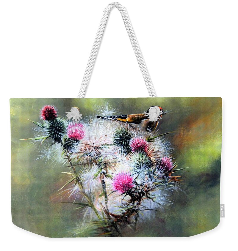 Goldfinch Weekender Tote Bag featuring the painting Goldfinch on a Thistle by Alan M Hunt