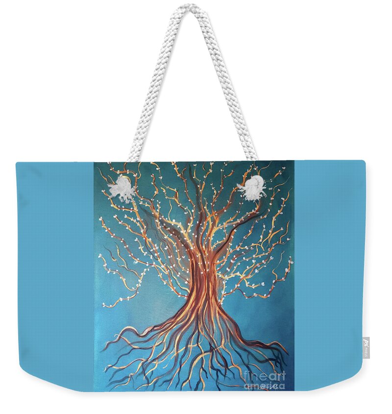 Tree Weekender Tote Bag featuring the painting Good Roots Bear Fruits by Artist Linda Marie