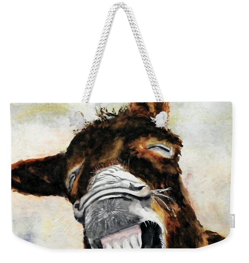 Donkey Weekender Tote Bag featuring the painting Gooood Morning by Barbara F Johnson