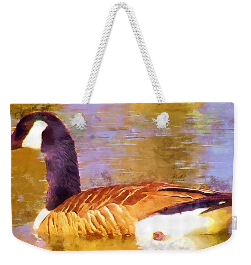 Goose Weekender Tote Bag featuring the mixed media Canada Goose on the Pond bird waterfowl print by Christopher Reed