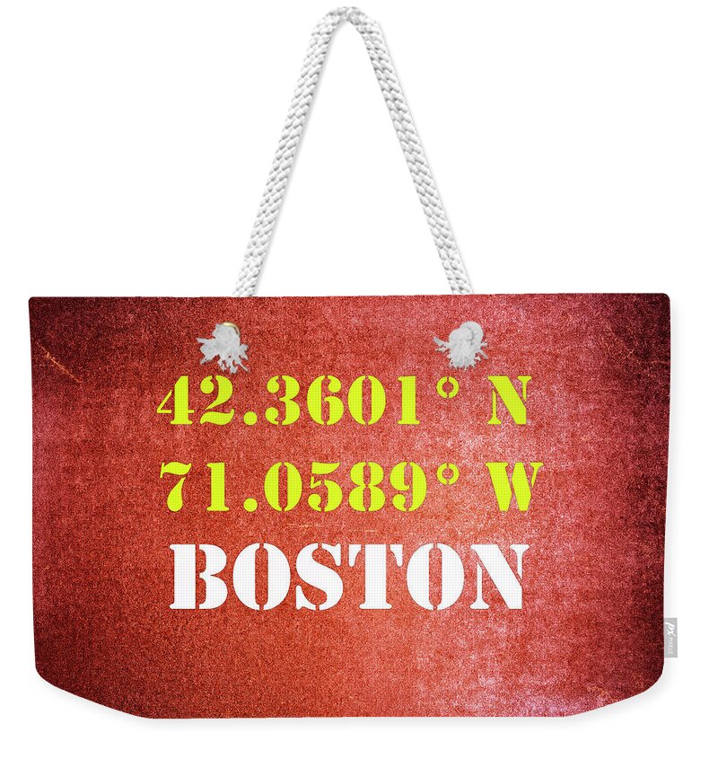 Boston Weekender Tote Bag featuring the mixed media GPS Boston Massachusetts Typography by Joseph S Giacalone