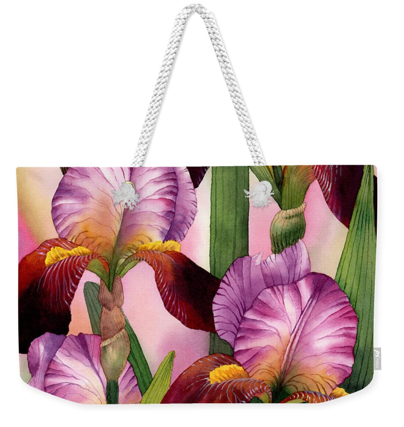 Iris Weekender Tote Bag featuring the painting Graceful Irises by Espero Art