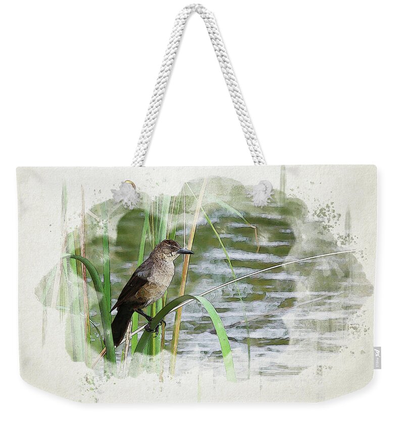 Grackle Weekender Tote Bag featuring the digital art Grackle by the Lake by Alison Frank