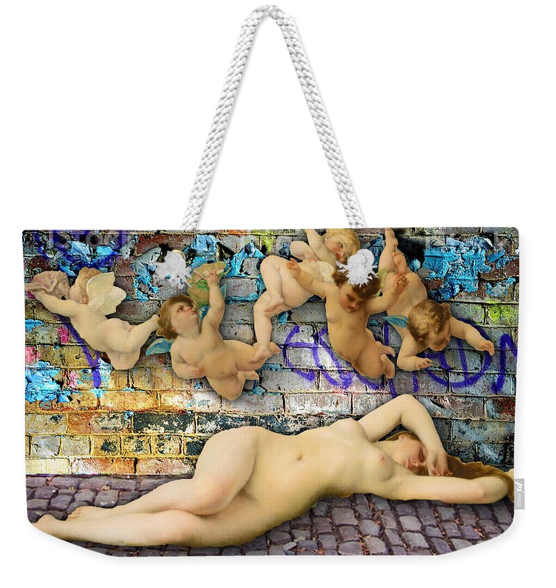 Abstract Weekender Tote Bag featuring the painting Graffiti Birth Of Venus by Tony Rubino