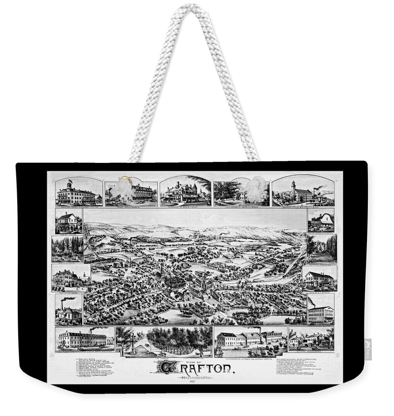 Map Weekender Tote Bag featuring the photograph Grafton Massachusetts Vintage Map Birds Eye View 1887 Black and White by Carol Japp