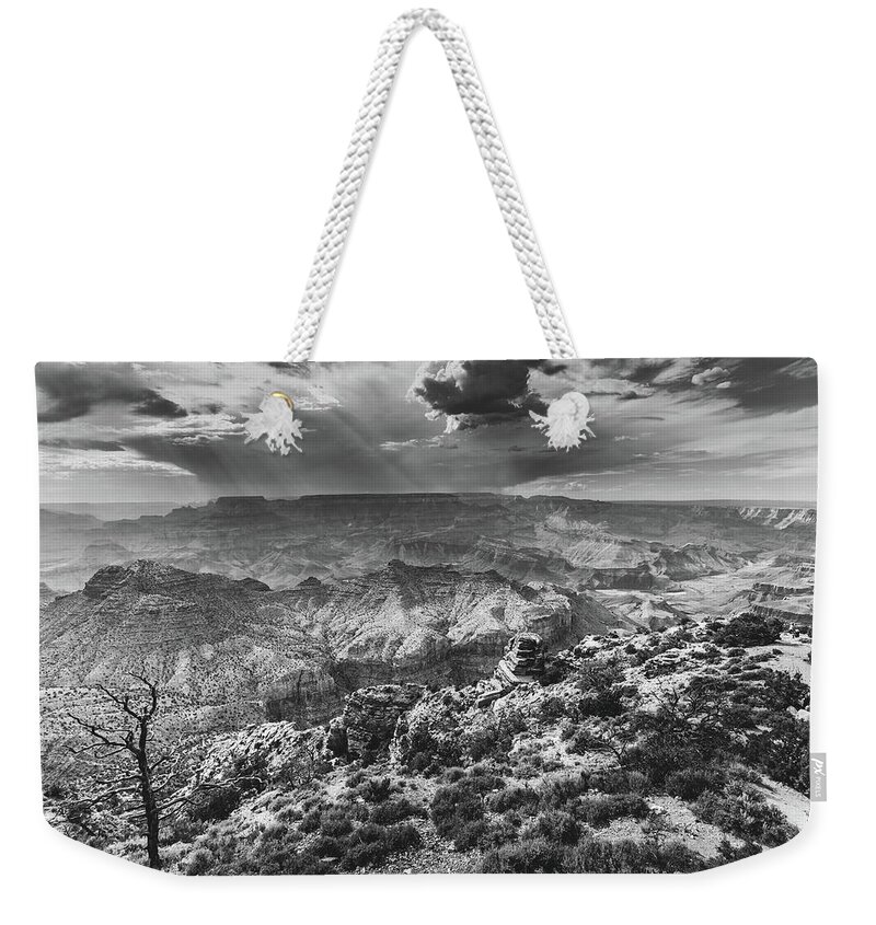 Arizona Weekender Tote Bag featuring the photograph Grand Canyon Desert view 3 BW by Mati Krimerman