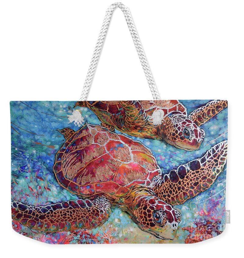 Green Sea Turtles Weekender Tote Bag featuring the painting Grand Sea Turtles by Jyotika Shroff