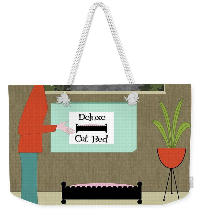 Mid Century Cat Weekender Tote Bag featuring the digital art Gray Cat Prefers Box Lid by Donna Mibus