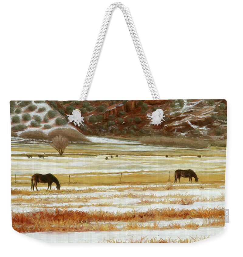 Horses Weekender Tote Bag featuring the painting Grazing In Colorado by Hone Williams