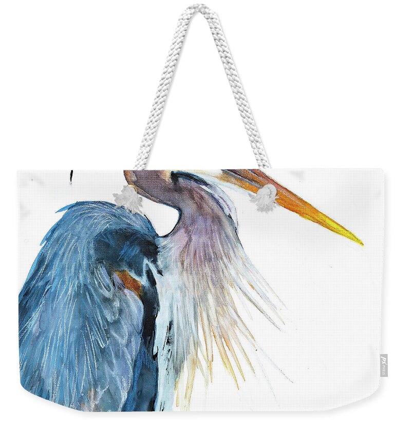 Great Blue Heron Weekender Tote Bag featuring the mixed media Great Blue Heron by Jani Freimann