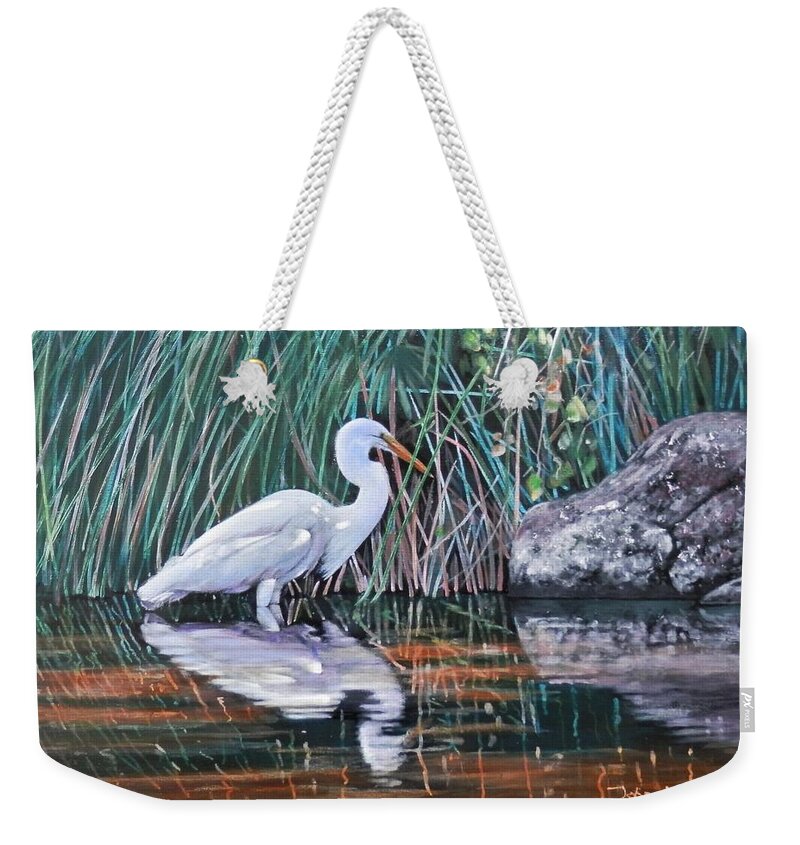 Egret Weekender Tote Bag featuring the painting Great Egret by John Neeve