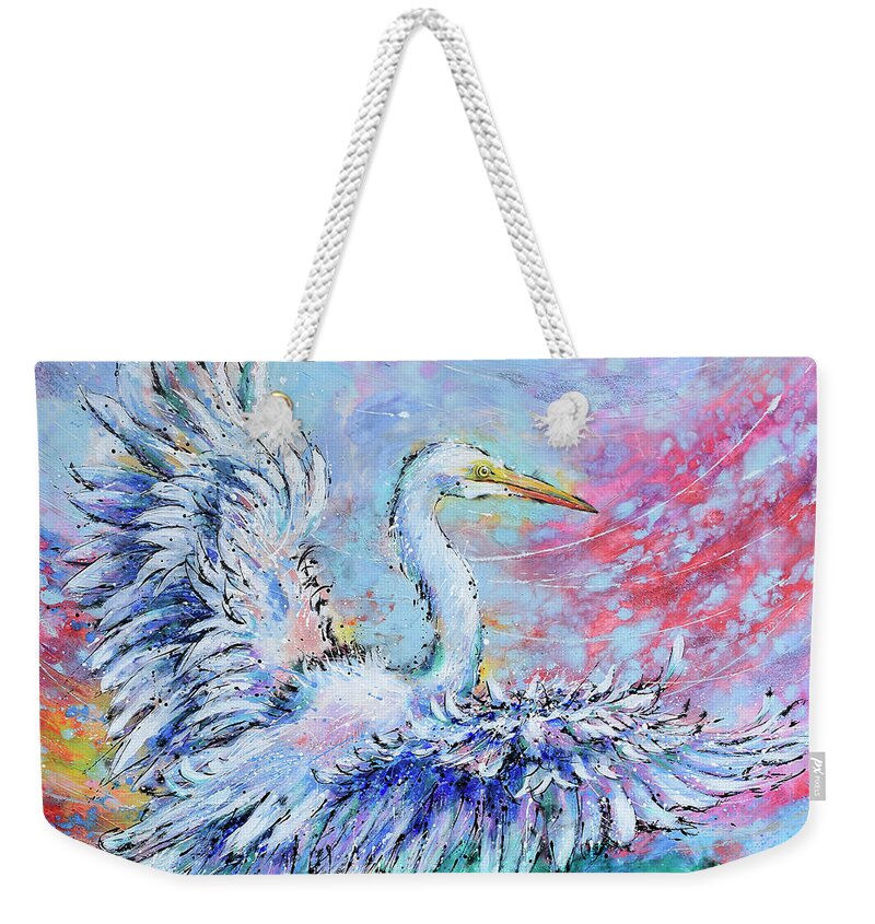  Weekender Tote Bag featuring the painting Great Egret's Glorious Landing by Jyotika Shroff