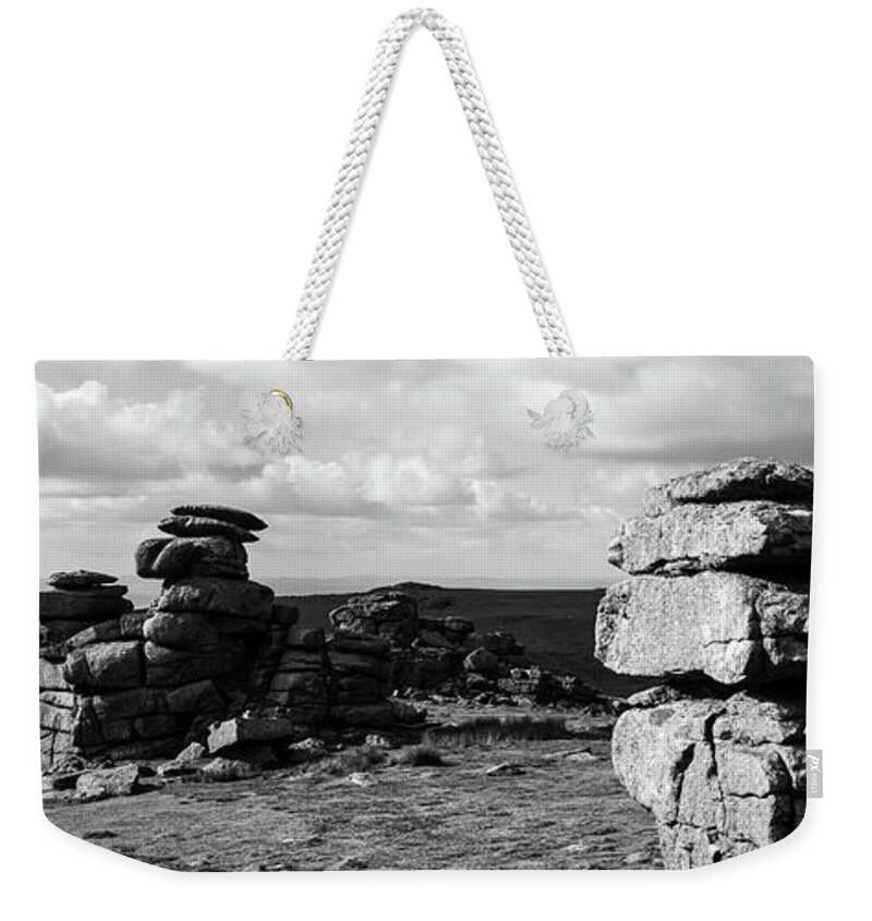 Devon Weekender Tote Bag featuring the photograph Great Staple Tor Dartmoor National Park England Panorama Black And White by Sonny Ryse