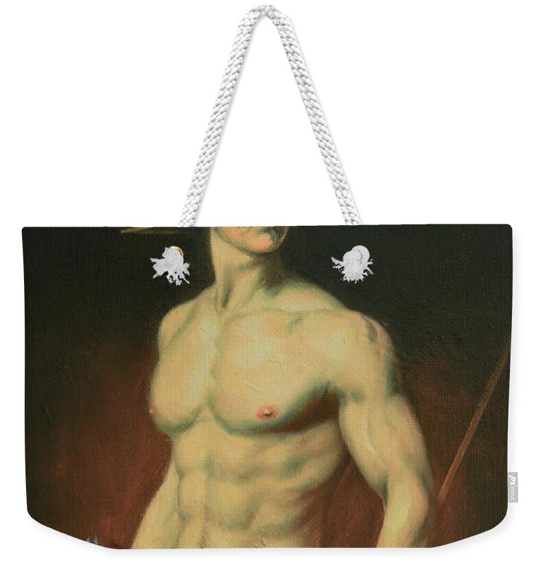 Male Nude Weekender Tote Bag featuring the painting Green apple and Sabre by Hongtao Huang