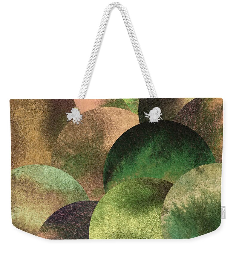 Planets Weekender Tote Bag featuring the painting Green Beige Gray Space And Cosmos Round Spheres Watercolor Planets Parade by Irina Sztukowski